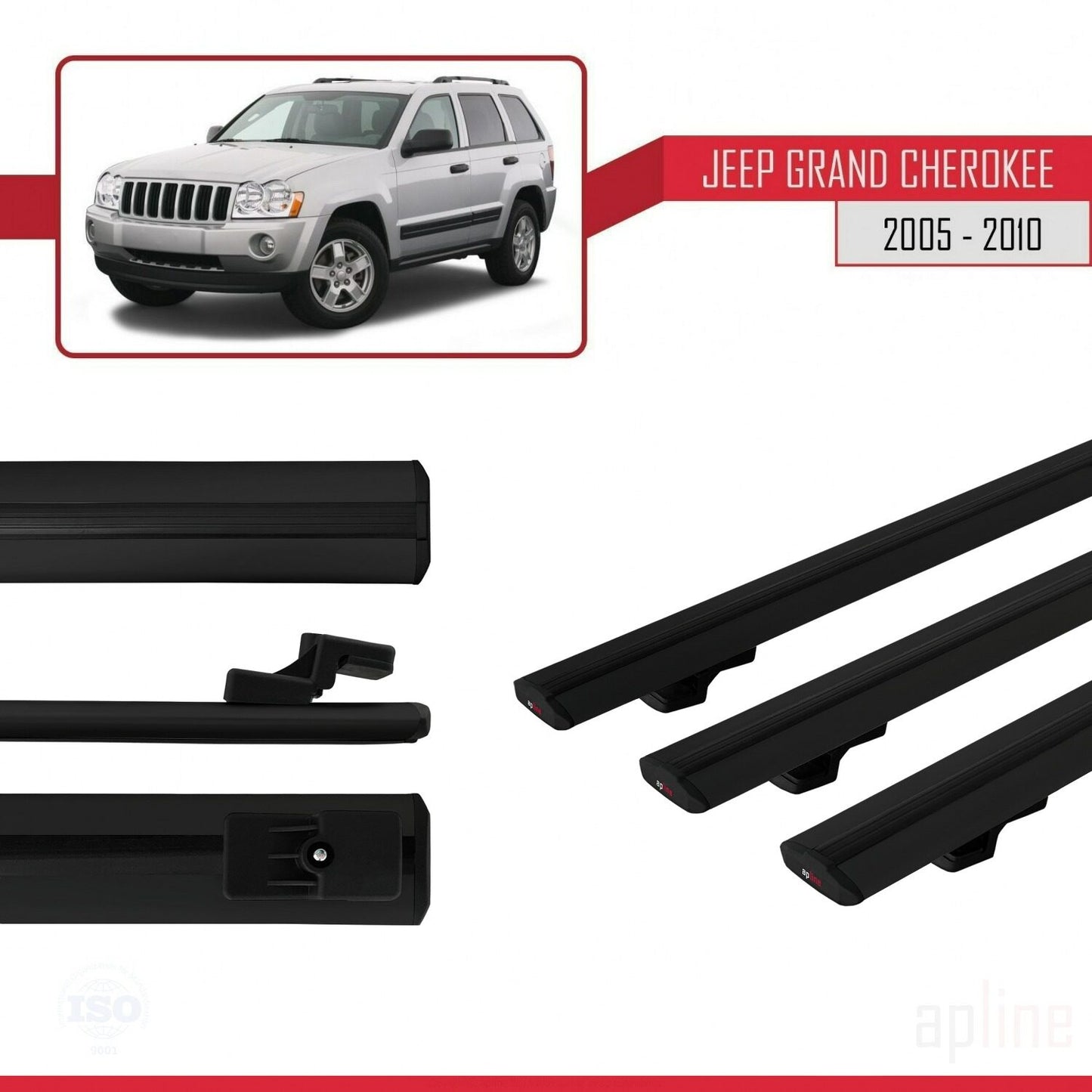 Compatible avec Jeep Grand Cherokee 3 (WK) 2005-2010 BASIC Model Barres de Toit Railing Porte-Bagages de Voiture Noir Aluminium 3 Barres