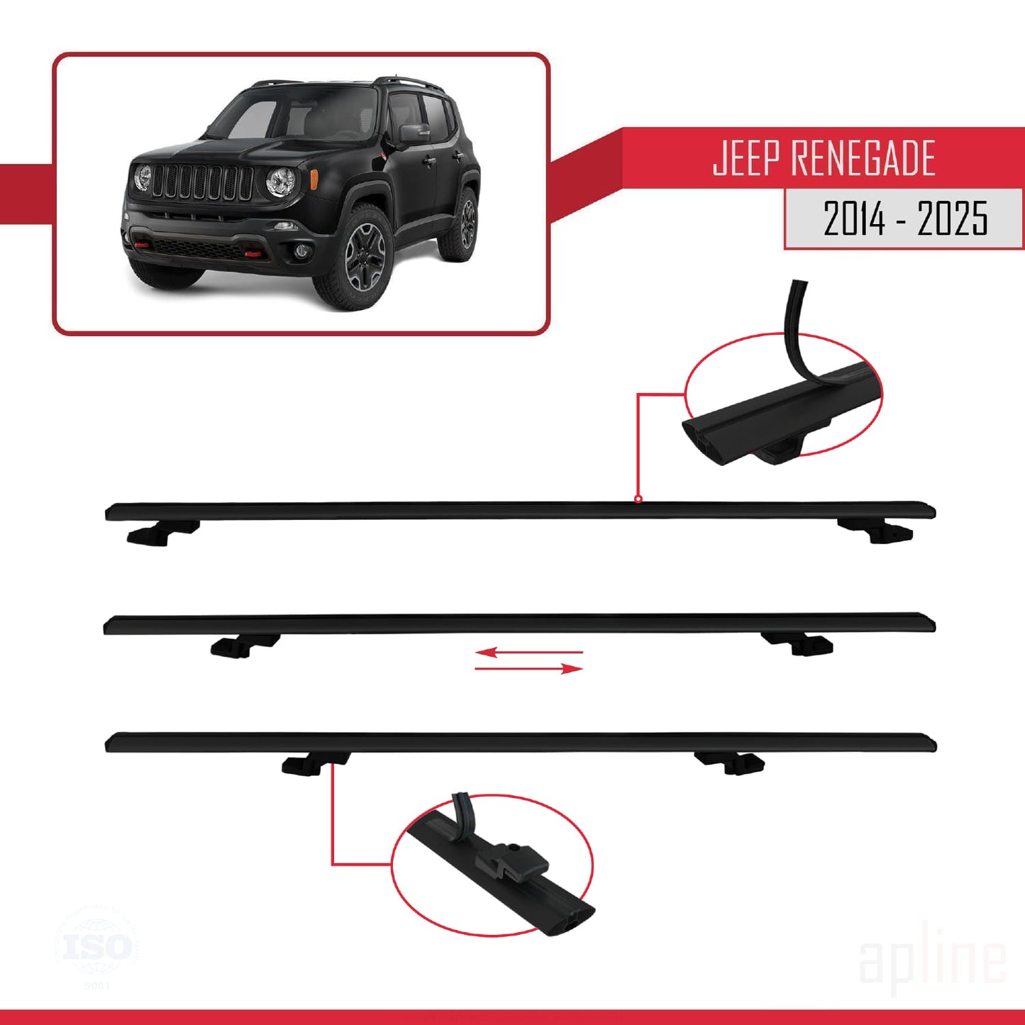 Compatible avec Jeep Renegade (BU) 2014-2025 BASIC Model Barres de Toit Railing Porte-Bagages de Voiture Noir Aluminium 3 Barres