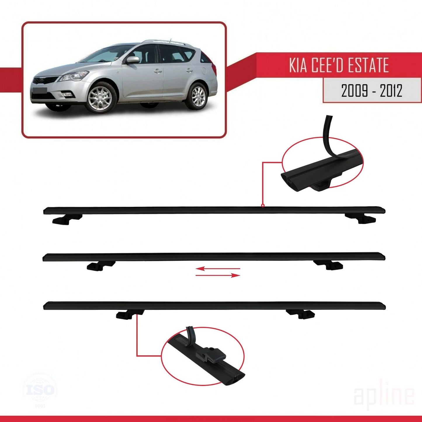 Compatible avec Kia Ceed (ED) Break Post-Facelift 2009-2012 BASIC Model Barres de Toit Railing Porte-Bagages de Voiture Noir Aluminium 3 Barres