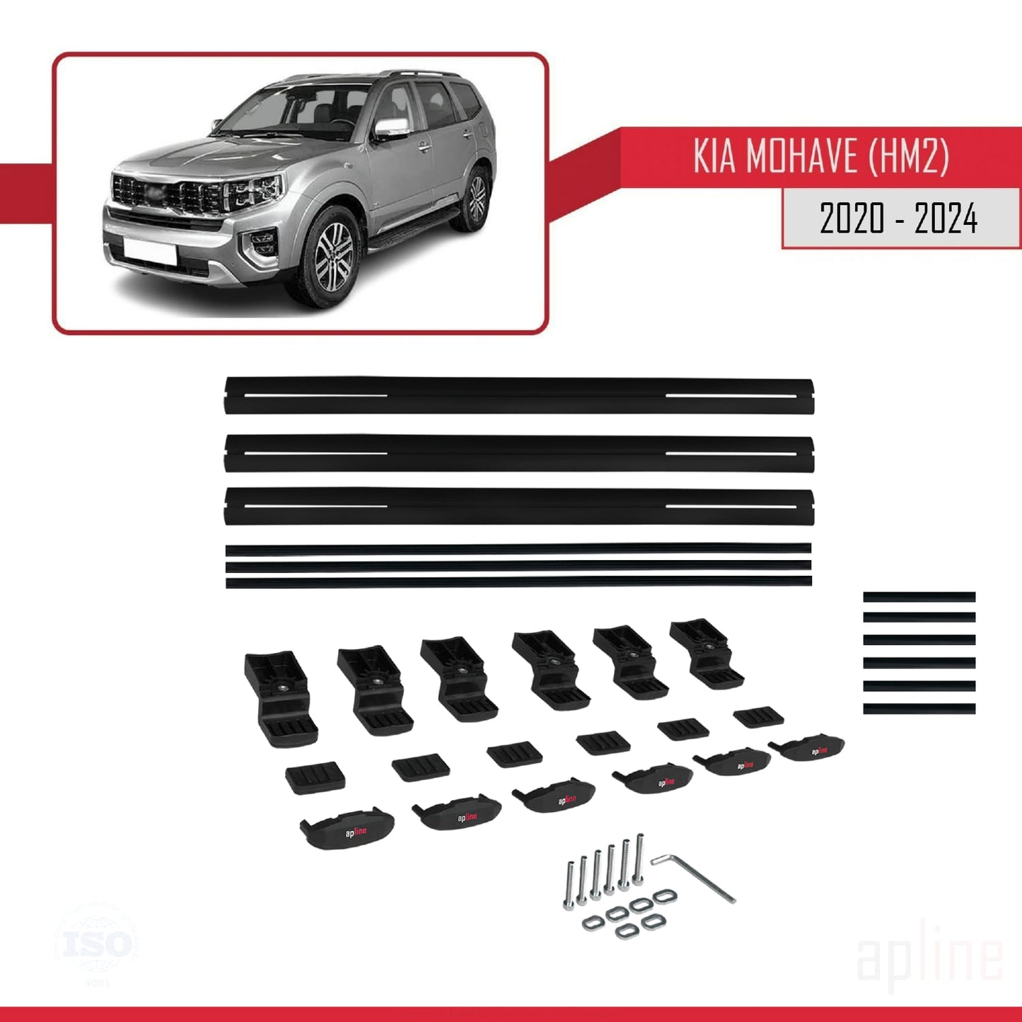 Compatible avec Kia Mohave 2 (HM2) 2020-2024 BASIC Model Barres de Toit Railing Porte-Bagages de Voiture Noir Aluminium 3 Barres