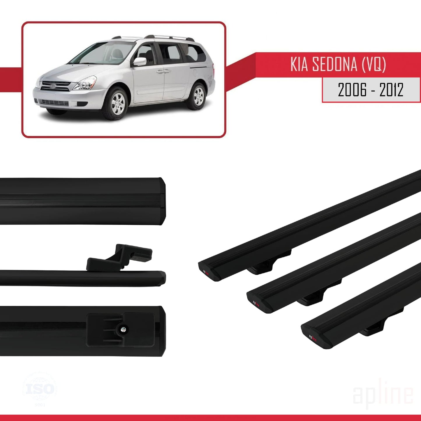 Compatible avec Kia Sedona 2 (VQ) 2006-2012 BASIC Model Barres de Toit Railing Porte-Bagages de Voiture Noir Aluminium 3 Barres