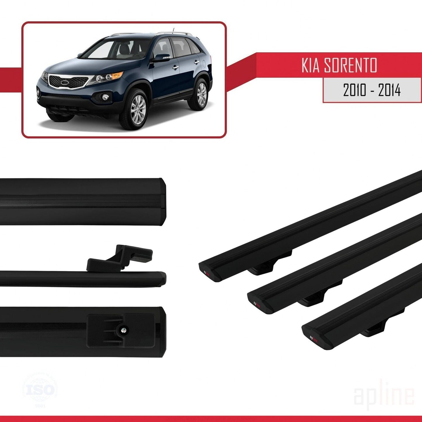 Compatible with Kia Sorento 2 (XM) 2010-2014 BASIC Model Car Roof Rack Cross Bar Black Aluminium 3 Bars