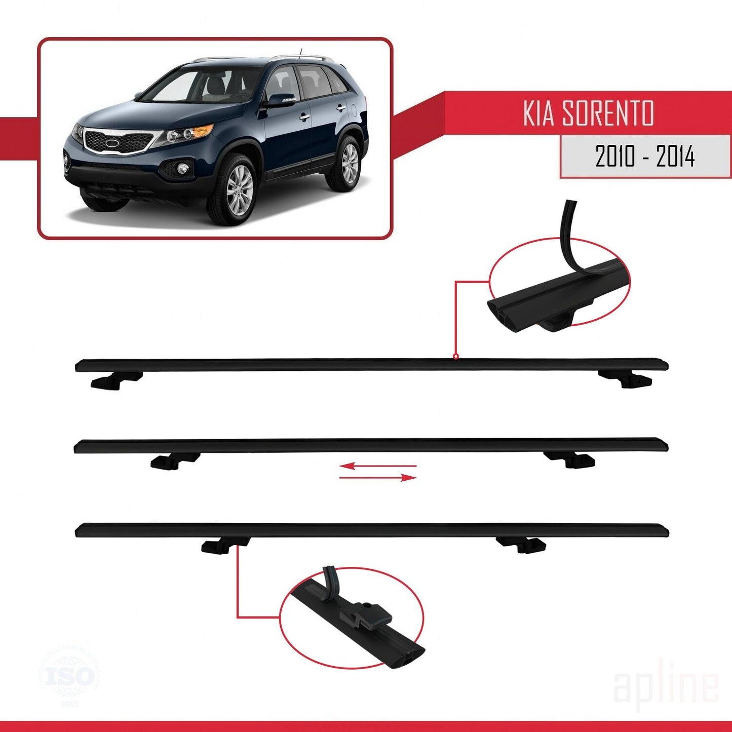 Compatible with Kia Sorento 2 (XM) 2010-2014 BASIC Model Car Roof Rack Cross Bar Black Aluminium 3 Bars