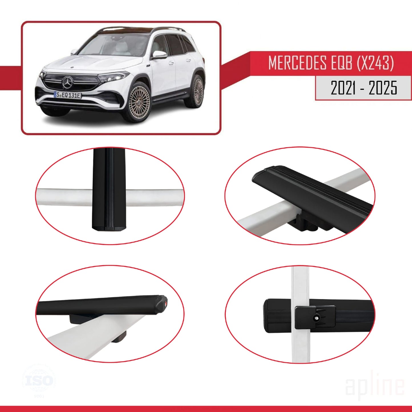 Compatible avec Mercedes EQB (X243) 2021-2025 BASIC Model Barres de Toit Railing Porte-Bagages de Voiture Noir Aluminium 2 Barres