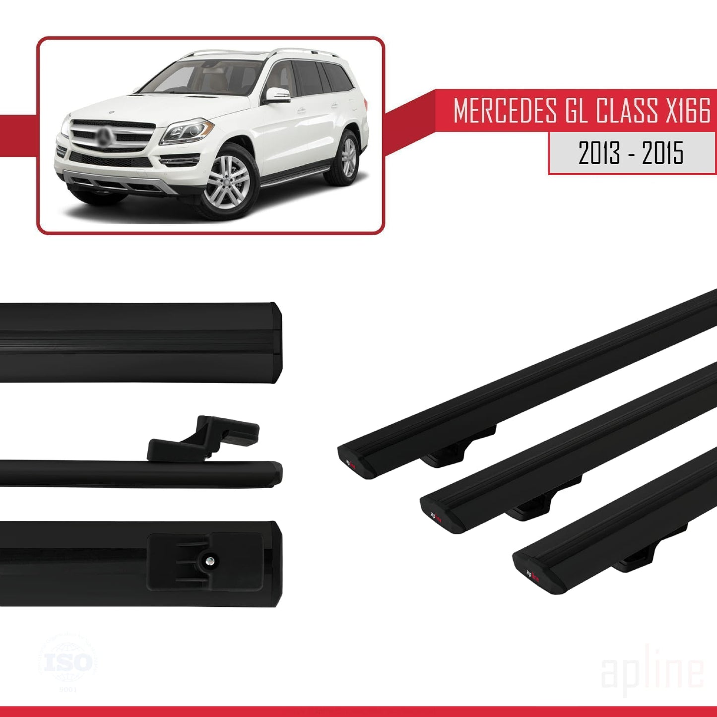 Compatible with Mercedes GL Class 2 (X166) Pre-Facelift 2013-2015 BASIC Model Car Roof Rack Cross Bar Black Aluminium 3 Bars