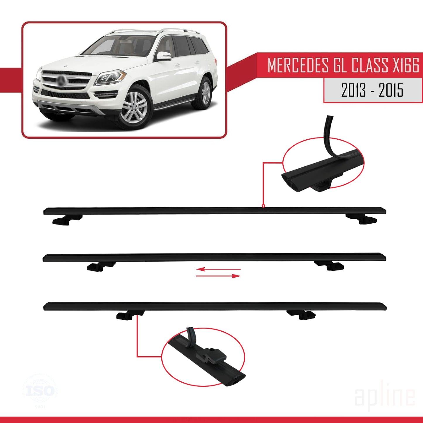 Compatible with Mercedes GL Class 2 (X166) Pre-Facelift 2013-2015 BASIC Model Car Roof Rack Cross Bar Black Aluminium 3 Bars