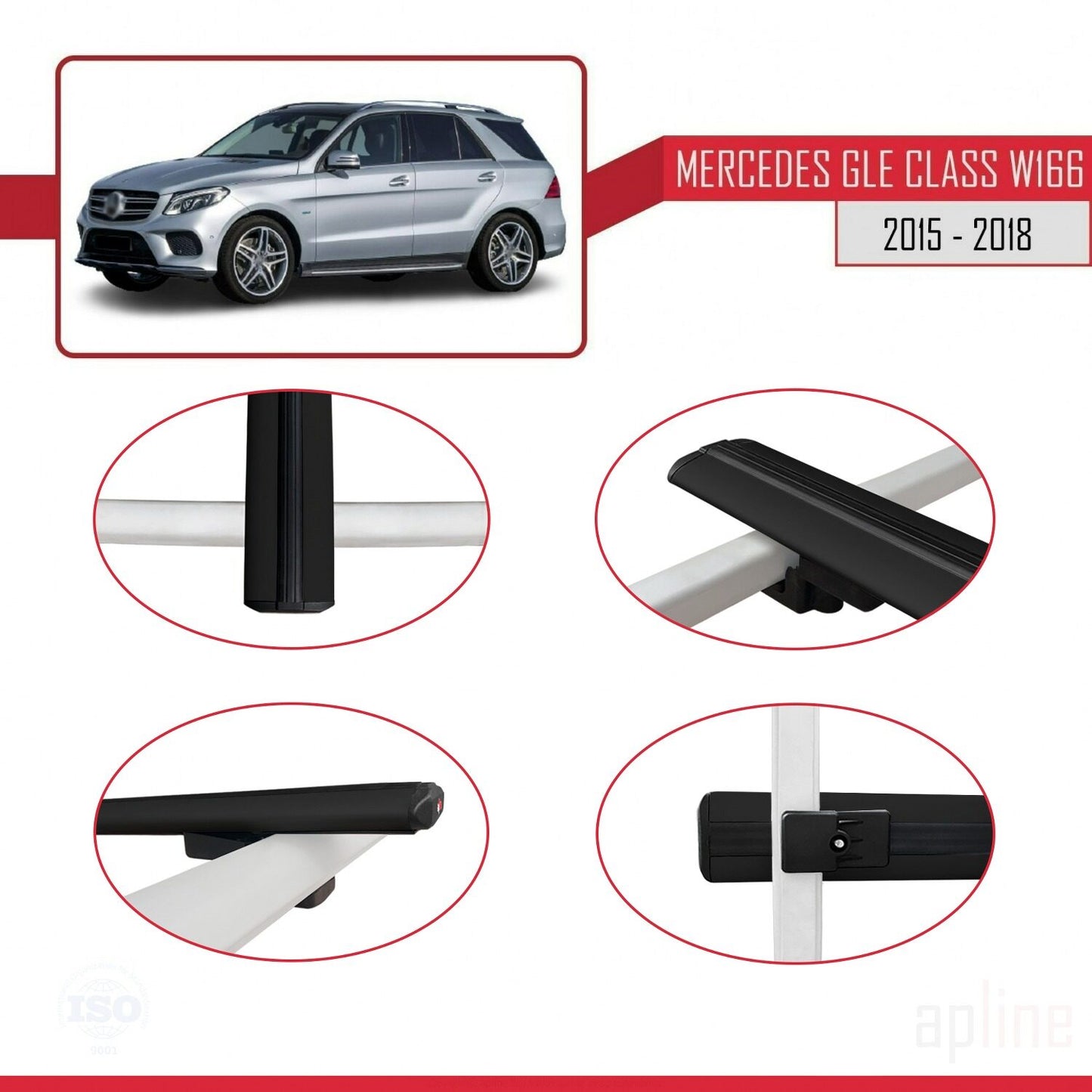 Compatible avec Mercedes Classe GLE 3 (W166) 2015-2018 BASIC Model Barres de Toit Railing Porte-Bagages de Voiture Noir Aluminium 3 Barres