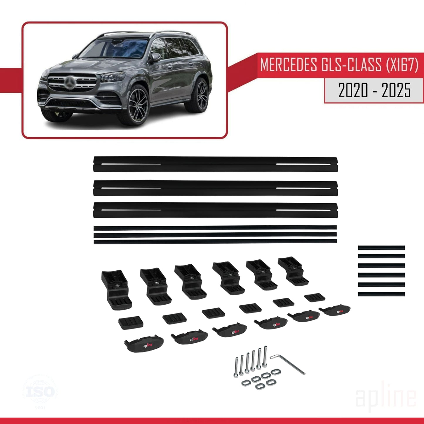 Compatible avec Mercedes Classe GLS (X167) 2020-2025 BASIC Model Barres de Toit Railing Porte-Bagages de Voiture Noir Aluminium 3 Barres