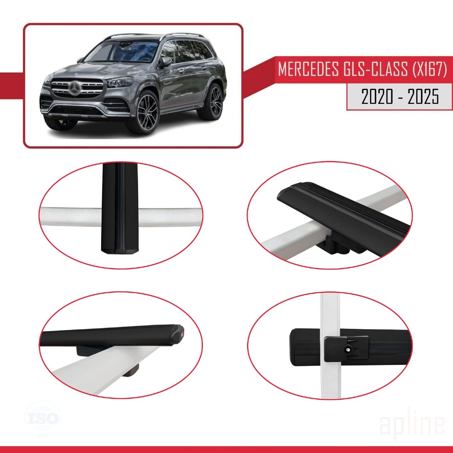 Compatible avec Mercedes Classe GLS (X167) 2020-2025 BASIC Model Barres de Toit Railing Porte-Bagages de Voiture Noir Aluminium 2 Barres