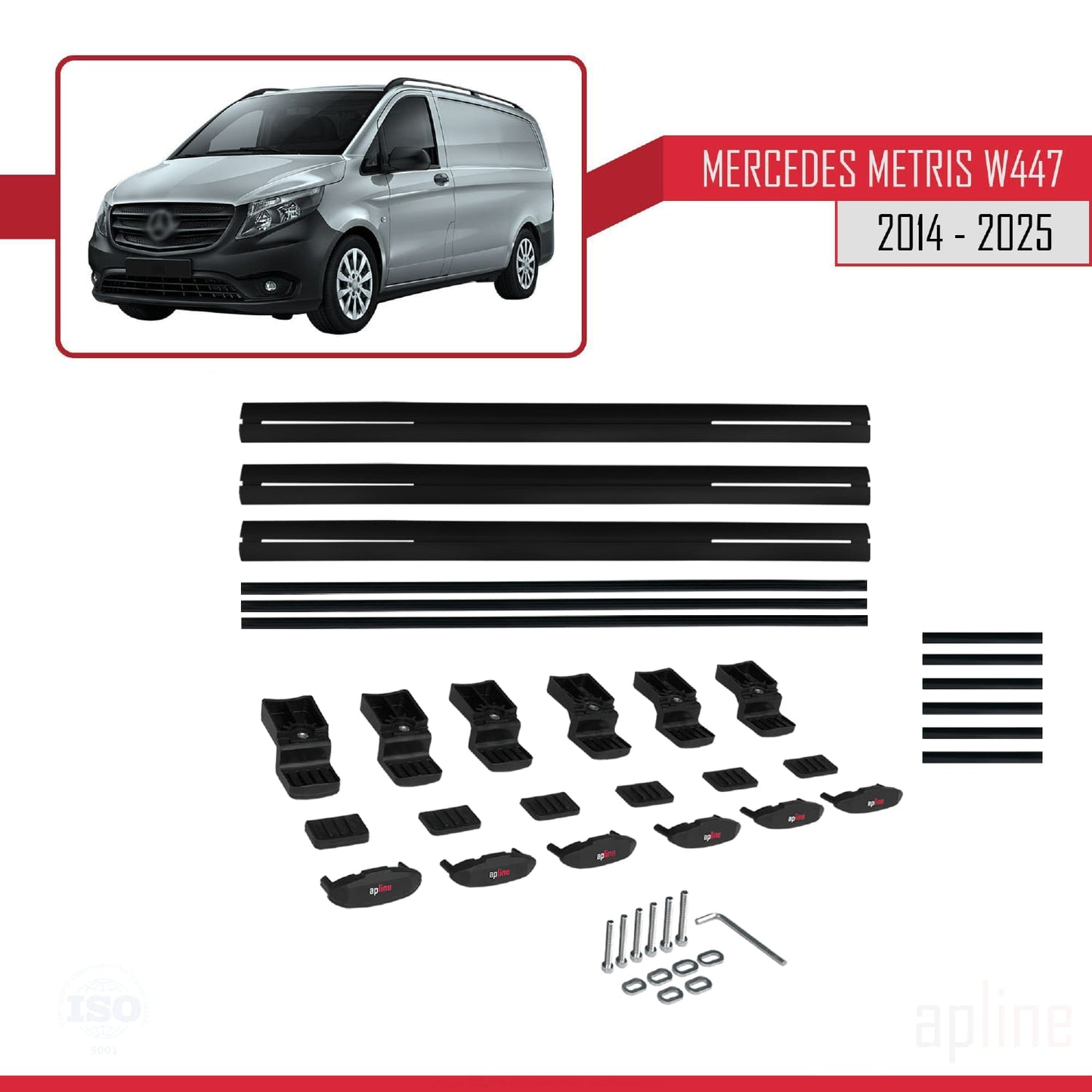 Compatible avec Mercedes Metris (W447) 2014-2025 BASIC Model Barres de Toit Railing Porte-Bagages de Voiture Noir Aluminium 3 Barres