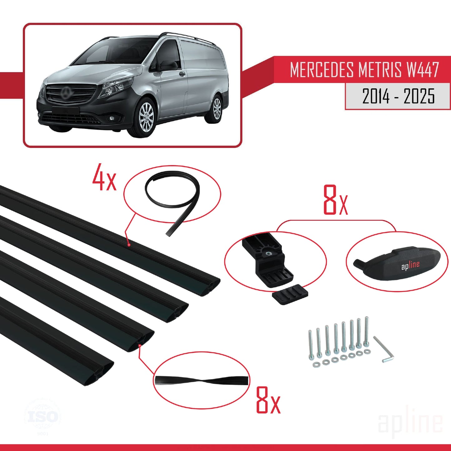 Compatible with Mercedes Metris (W447) 2014-2025 BASIC Model Car Roof Rack Cross Bar Black Aluminium 4 Bars