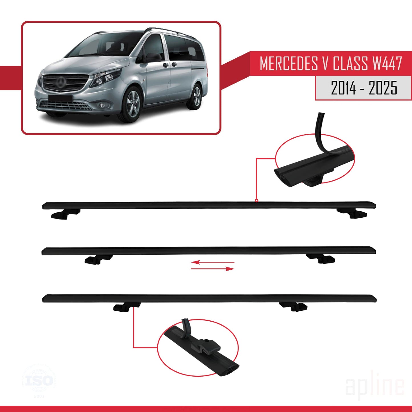 Compatible avec Mercedes Classe V 3 (W447) 2014-2025 BASIC Model Barres de Toit Railing Porte-Bagages de Voiture Noir Aluminium 4 Barres