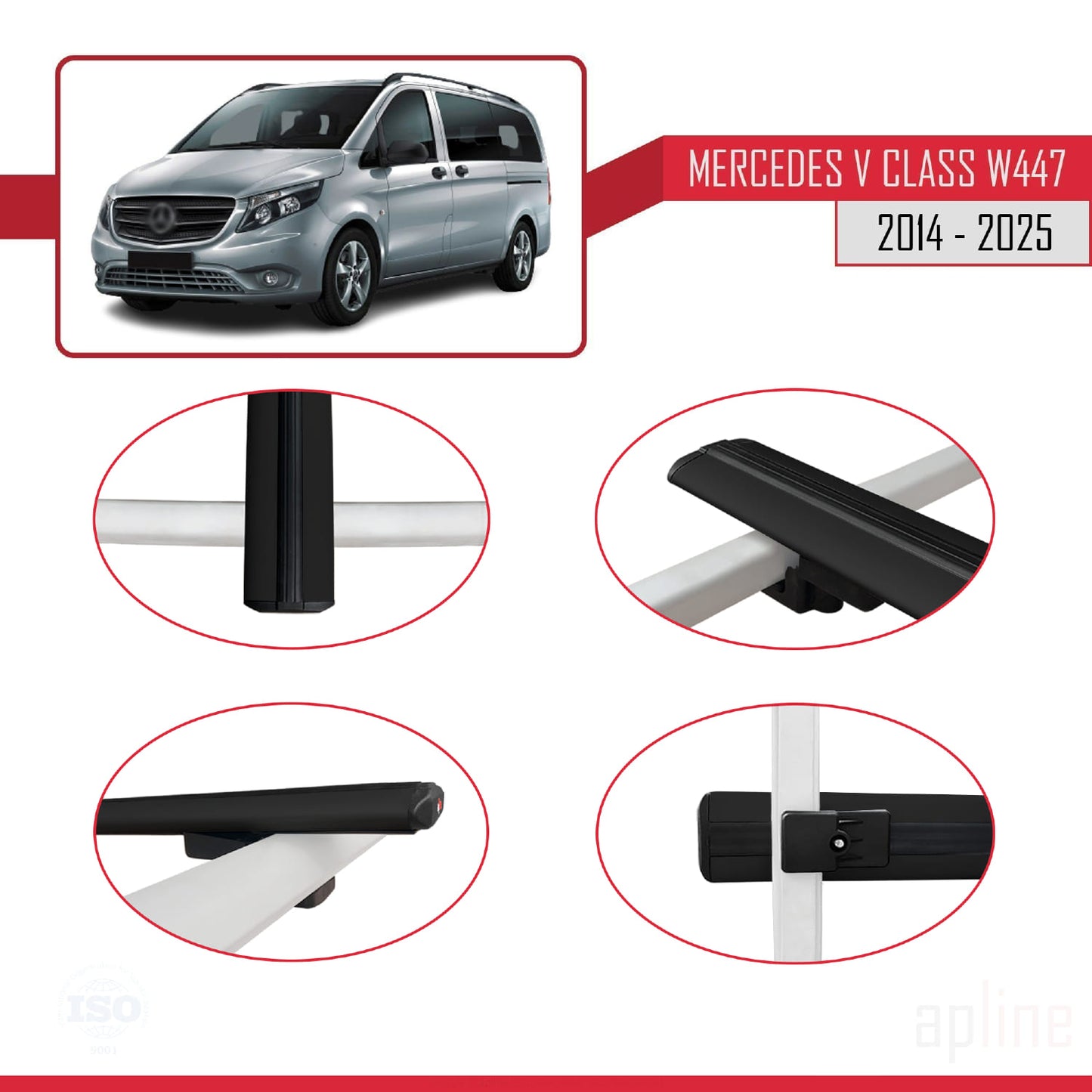 Compatible avec Mercedes Classe V 3 (W447) 2014-2025 BASIC Model Barres de Toit Railing Porte-Bagages de Voiture Noir Aluminium 2 Barres