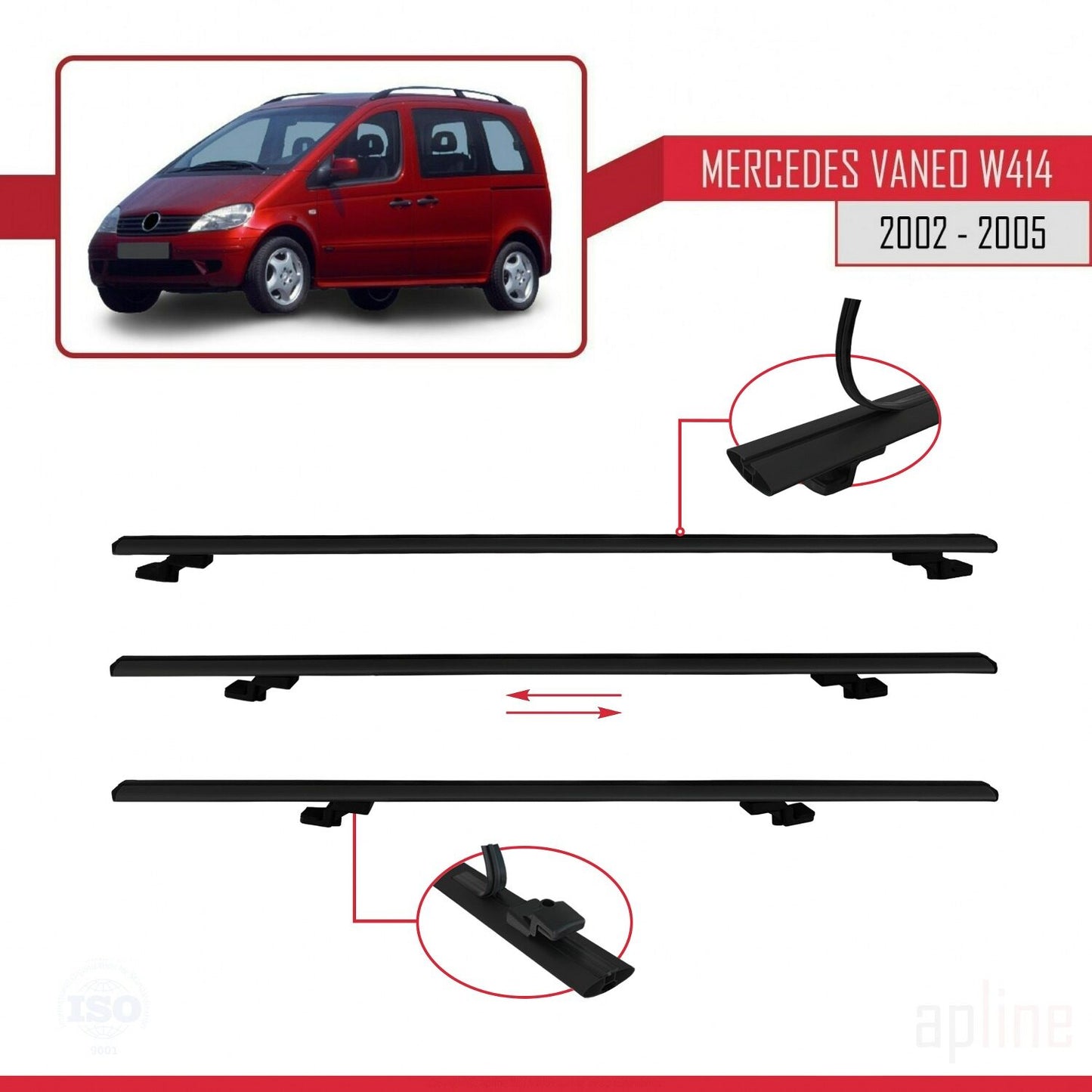 Compatible with Mercedes Vaneo (W414) 2002-2005 BASIC Model Car Roof Rack Cross Bar Black Aluminium 2 Bars