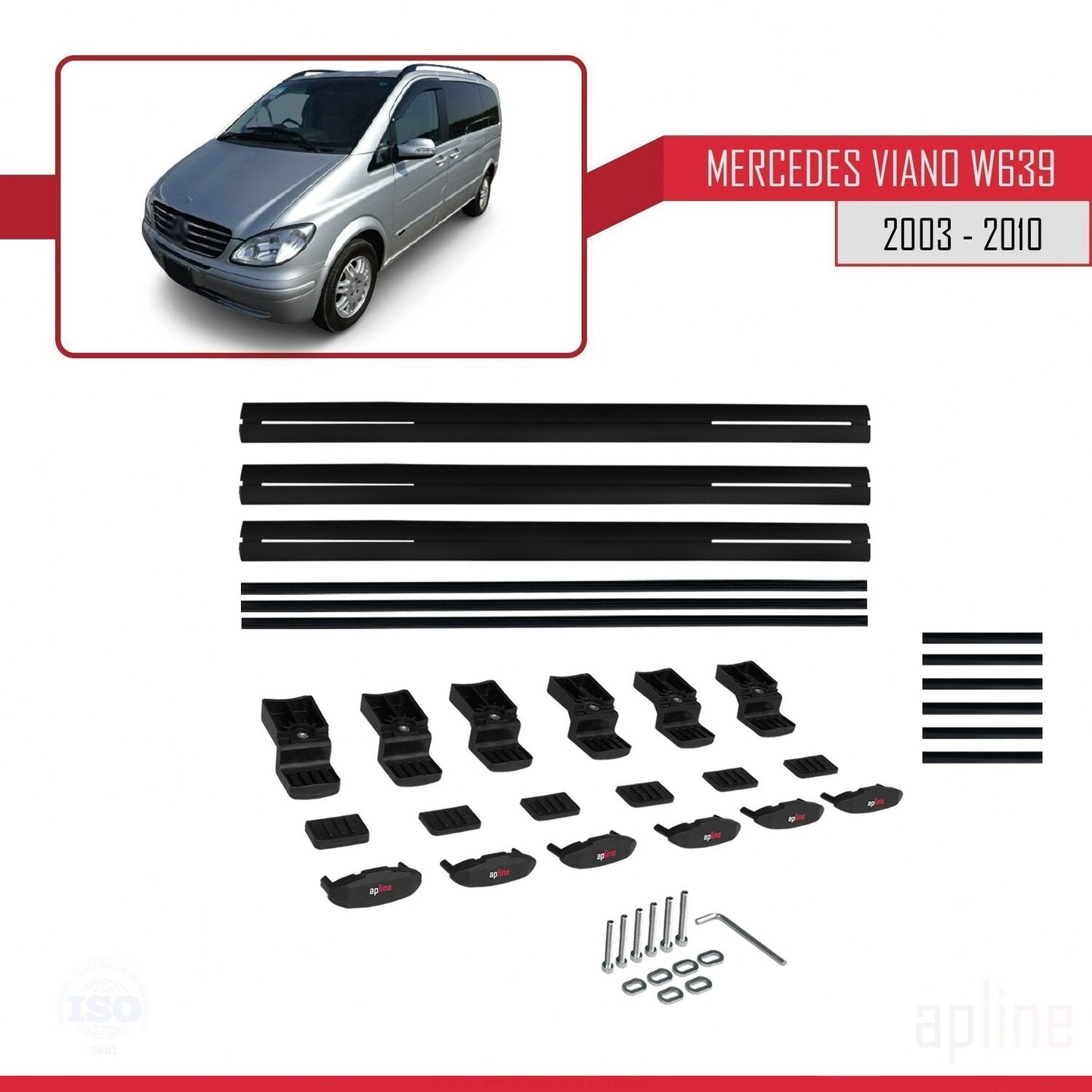 Compatible with Mercedes Viano 2 (W639) Pre-Facelift 2003-2010 BASIC Model Car Roof Rack Cross Bar Black Aluminium 3 Bars