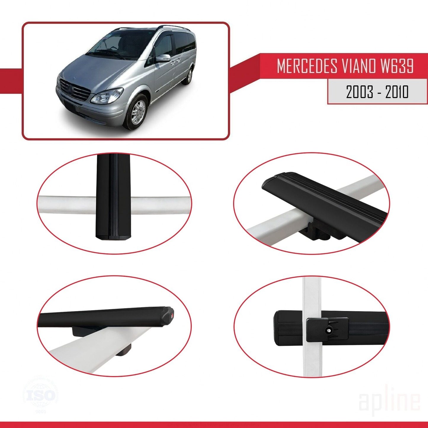 Compatible with Mercedes Viano 2 (W639) Pre-Facelift 2003-2010 BASIC Model Car Roof Rack Cross Bar Black Aluminium 2 Bars