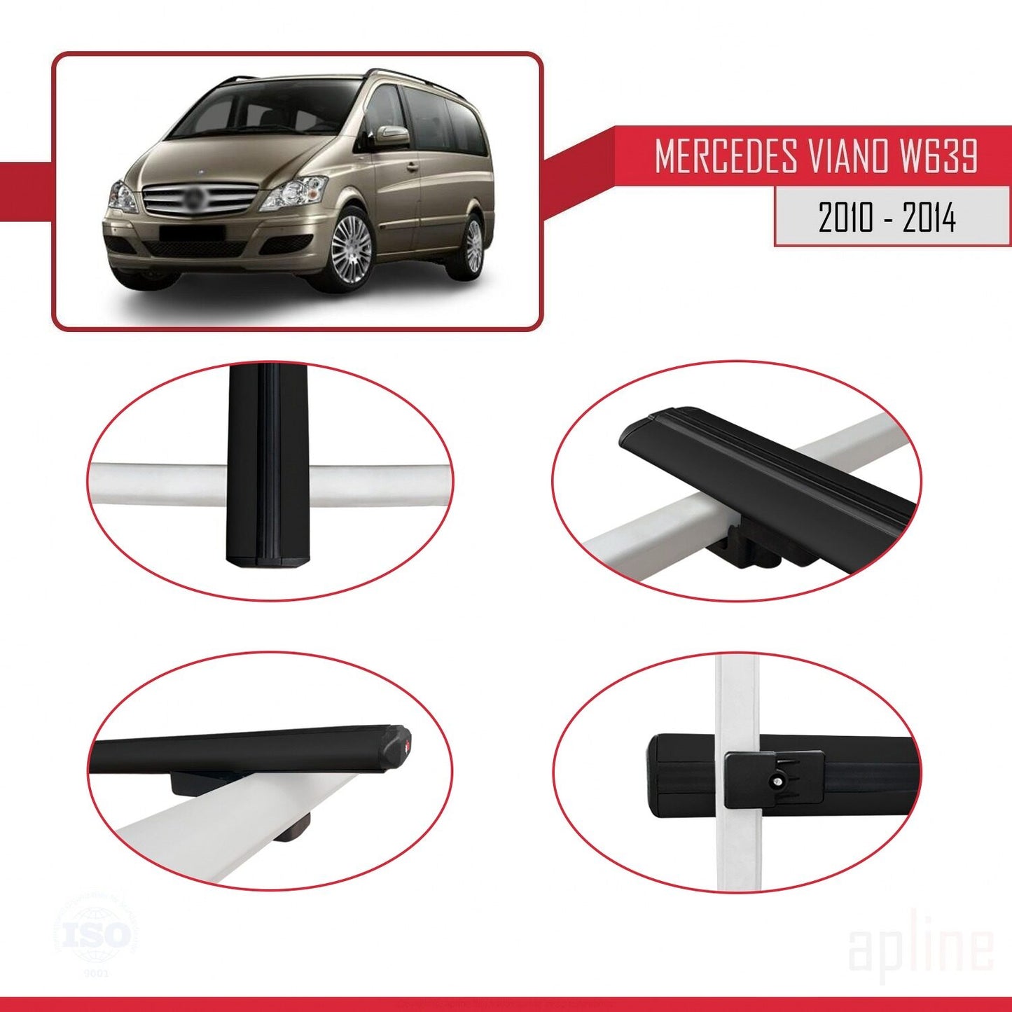 Compatible avec Mercedes Viano 2 (W639) Post-Facelift 2010-2014 BASIC Model Barres de Toit Railing Porte-Bagages de Voiture Noir Aluminium 3 Barres