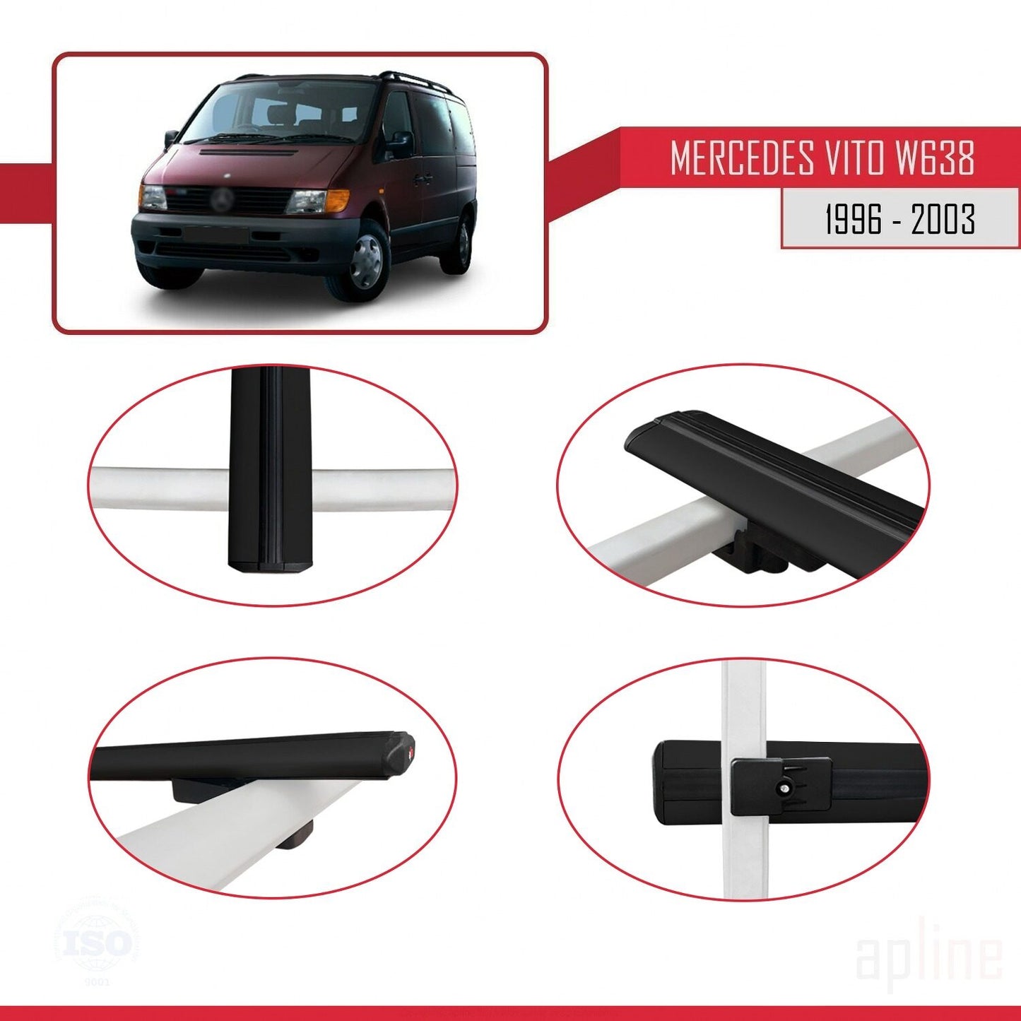 Compatible avec Mercedes Vito (W638) 1996-2003 BASIC Model Barres de Toit Railing Porte-Bagages de Voiture Noir Aluminium 2 Barres