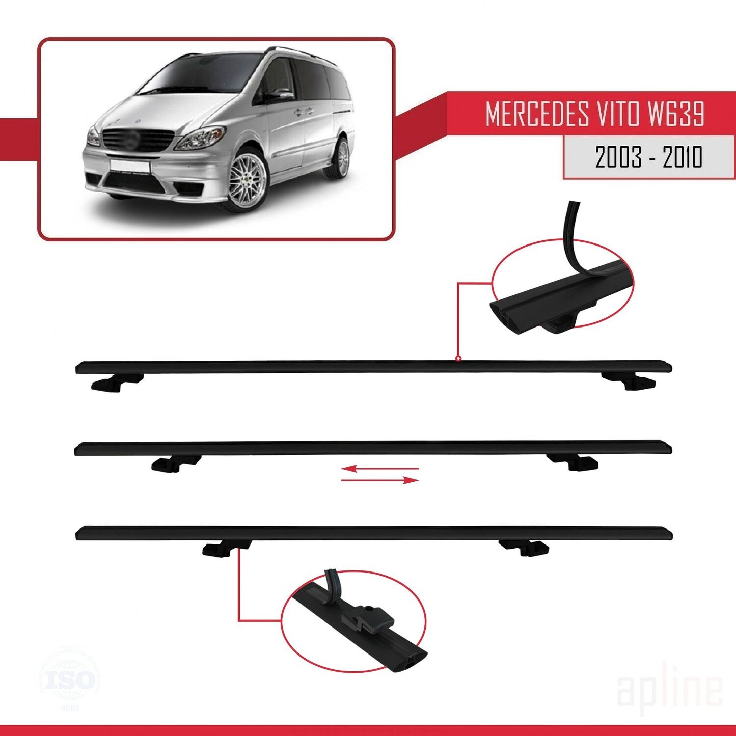 Compatible avec Mercedes Vito 2 (W639) Pre-Facelift 2003-2010 BASIC Model Barres de Toit Railing Porte-Bagages de Voiture Noir Aluminium 2 Barres