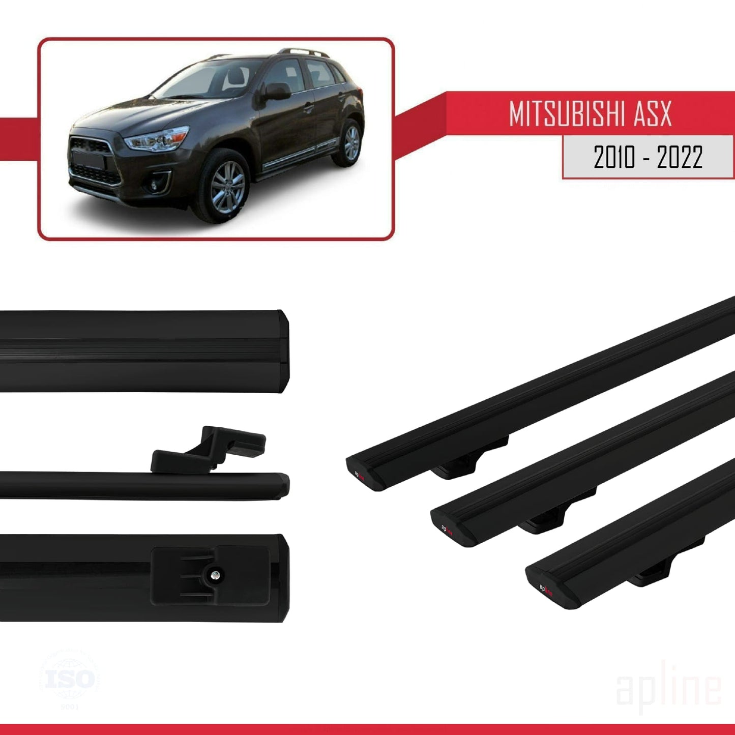 Compatible avec Mitsubishi ASX (GA) 2010-2022 BASIC Model Barres de Toit Railing Porte-Bagages de Voiture Noir Aluminium 3 Barres