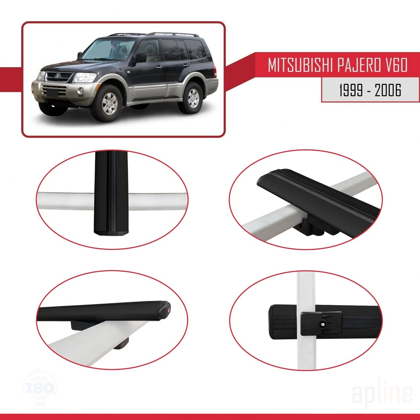 Compatible with Mitsubishi Pajero (V60) 5 Kapı 1999-2006 BASIC Model Car Roof Rack Cross Bar Black Aluminium 2 Bars