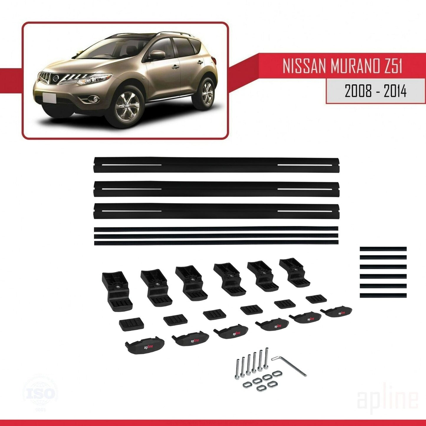 Compatible with Nissan Murano 2 (Z51) 2008-2014 BASIC Model Car Roof Rack Cross Bar Black Aluminium 3 Bars