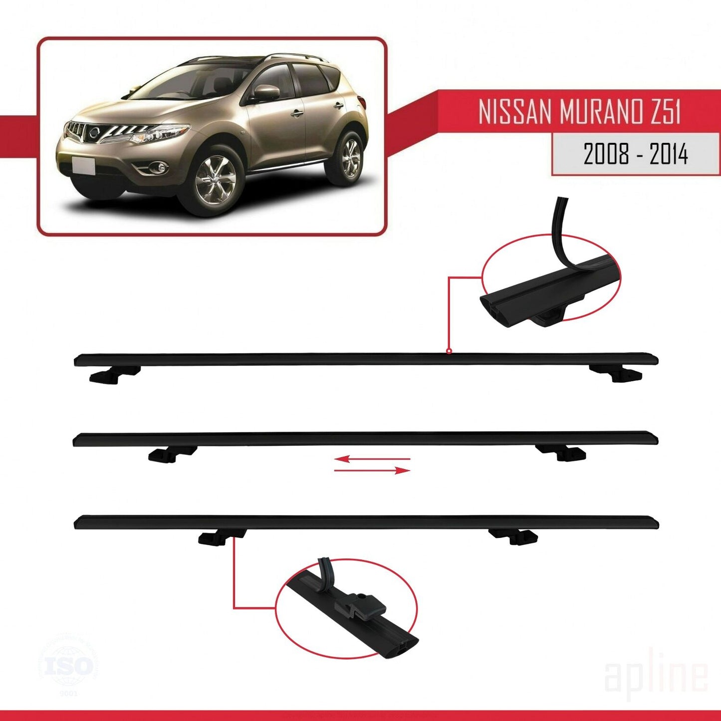 Compatible with Nissan Murano 2 (Z51) 2008-2014 BASIC Model Car Roof Rack Cross Bar Black Aluminium 2 Bars