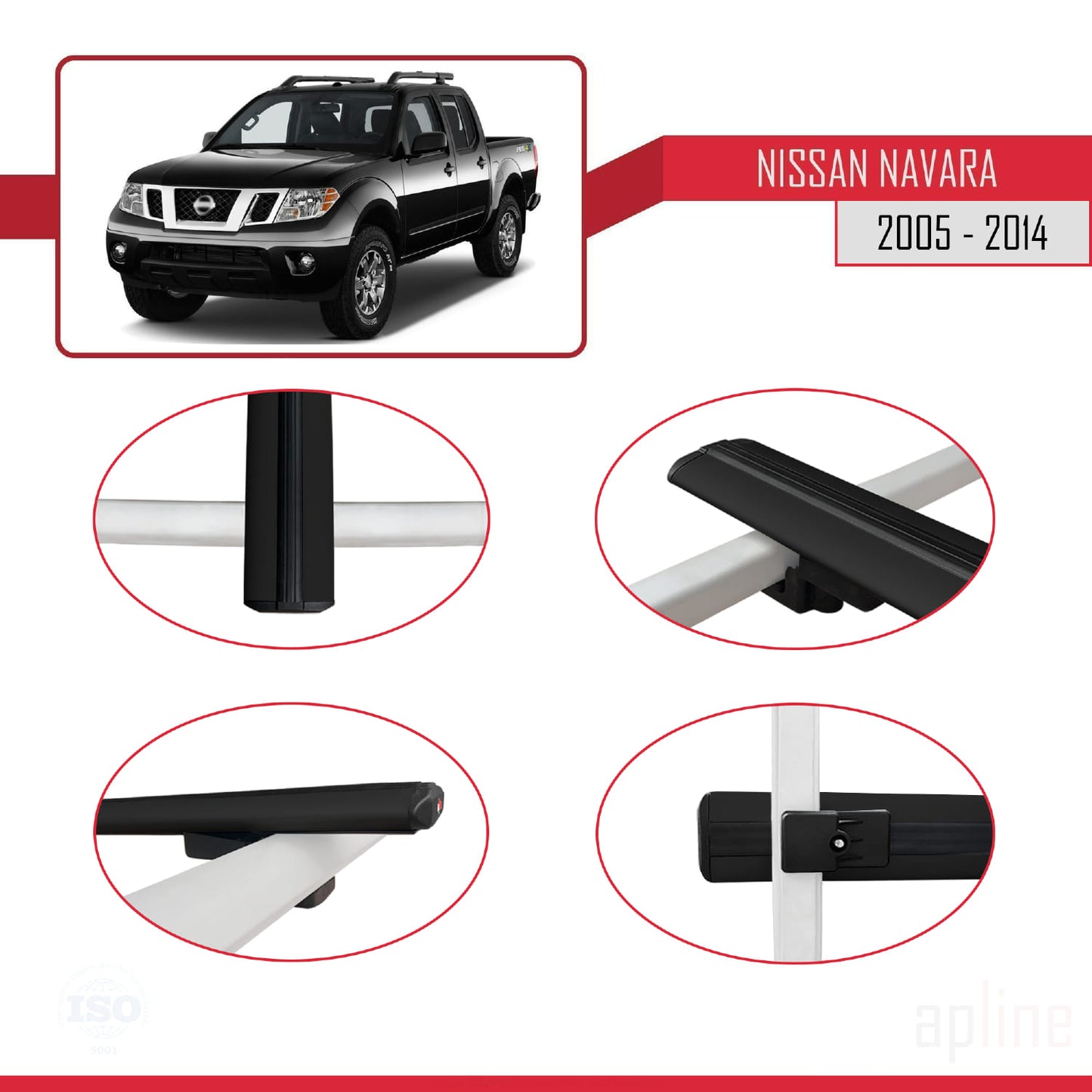 Compatible with Nissan Navara 3 (D40) 2005-2014 BASIC Model Car Roof Rack Cross Bar Black Aluminium 2 Bars