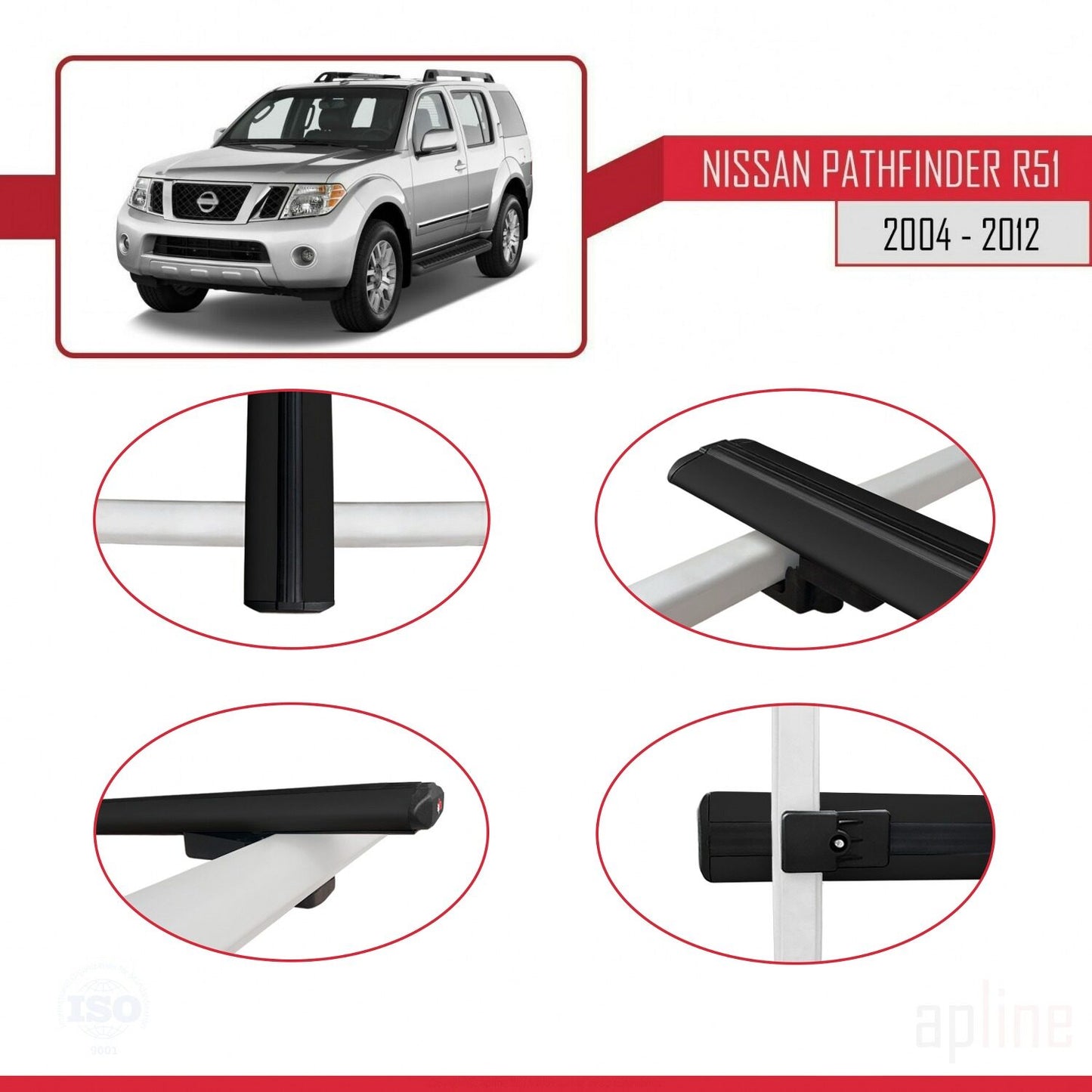 Compatible avec Nissan Pathfinder 3 (R51) 2004-2012 BASIC Model Barres de Toit Railing Porte-Bagages de Voiture Noir Aluminium 3 Barres