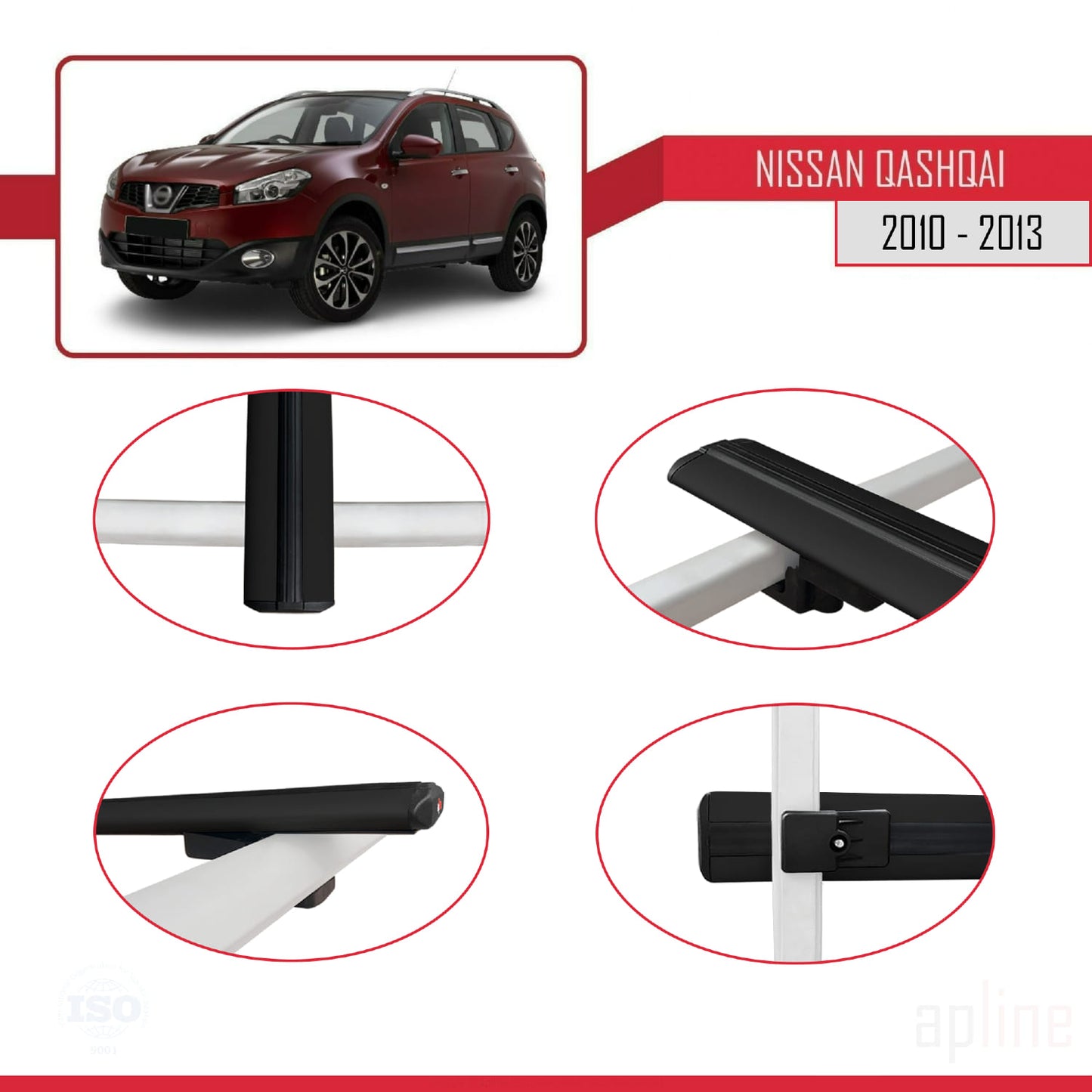 Compatible with Nissan Qashqai (J10) Post-Facelift 2010-2013 BASIC Model Car Roof Rack Cross Bar Black Aluminium 2 Bars