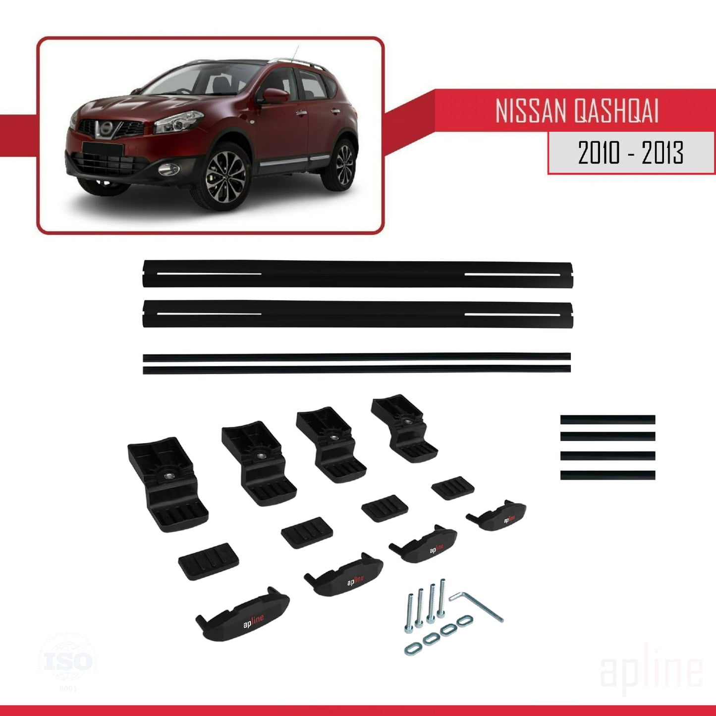 Compatible with Nissan Qashqai (J10) Post-Facelift 2010-2013 BASIC Model Car Roof Rack Cross Bar Black Aluminium 2 Bars