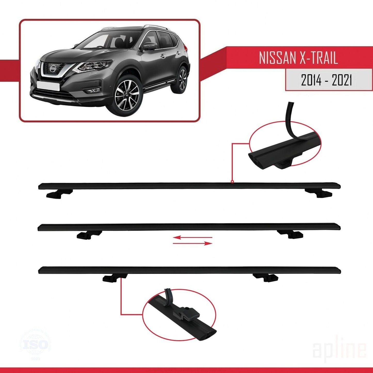 Compatible avec Nissan X-Trail 3 (T32) 2014-2021 BASIC Model Barres de Toit Railing Porte-Bagages de Voiture Noir Aluminium 3 Barres