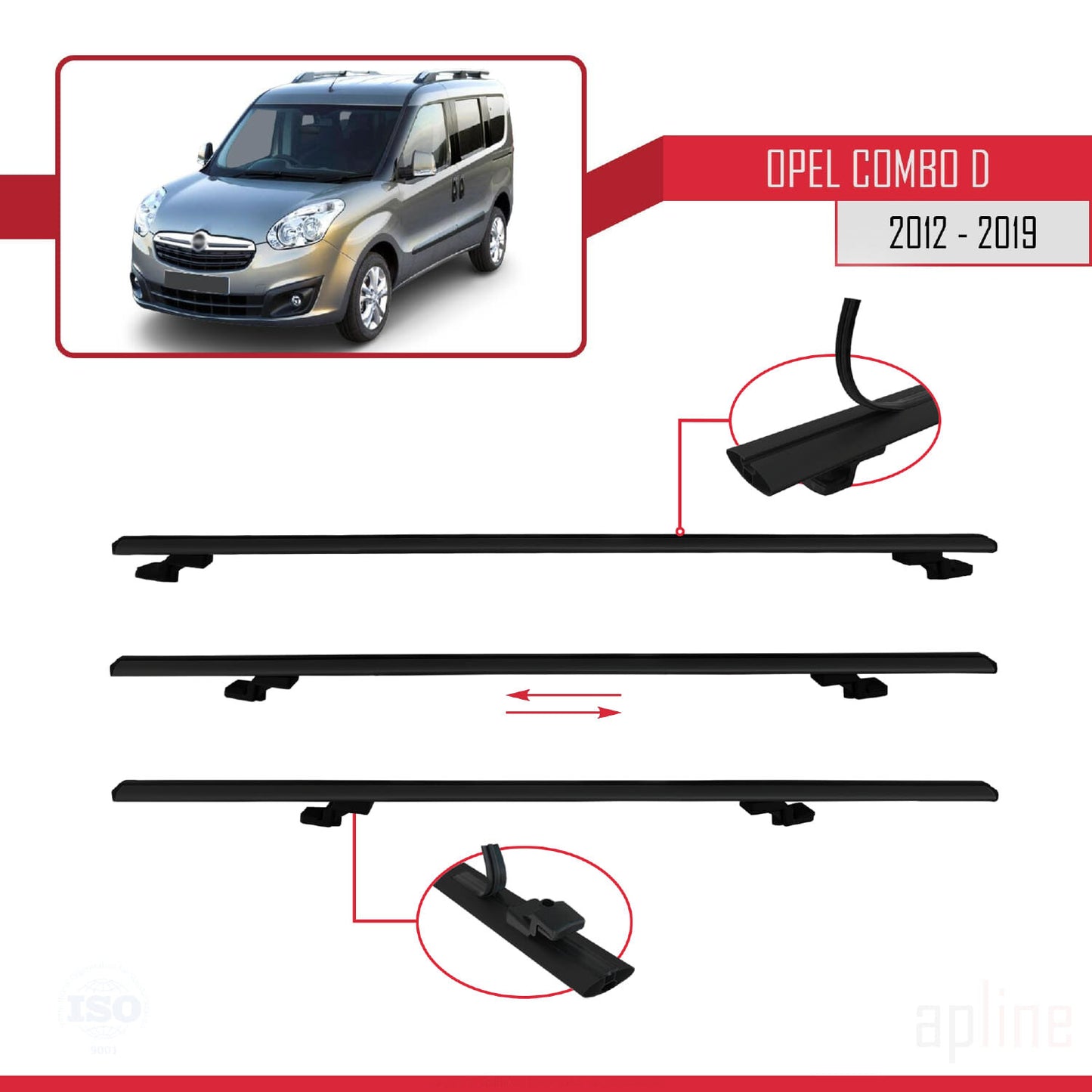 Compatible avec Opel Combo D 2012-2018 BASIC Model Barres de Toit Railing Porte-Bagages de Voiture Noir Aluminium 4 Barres