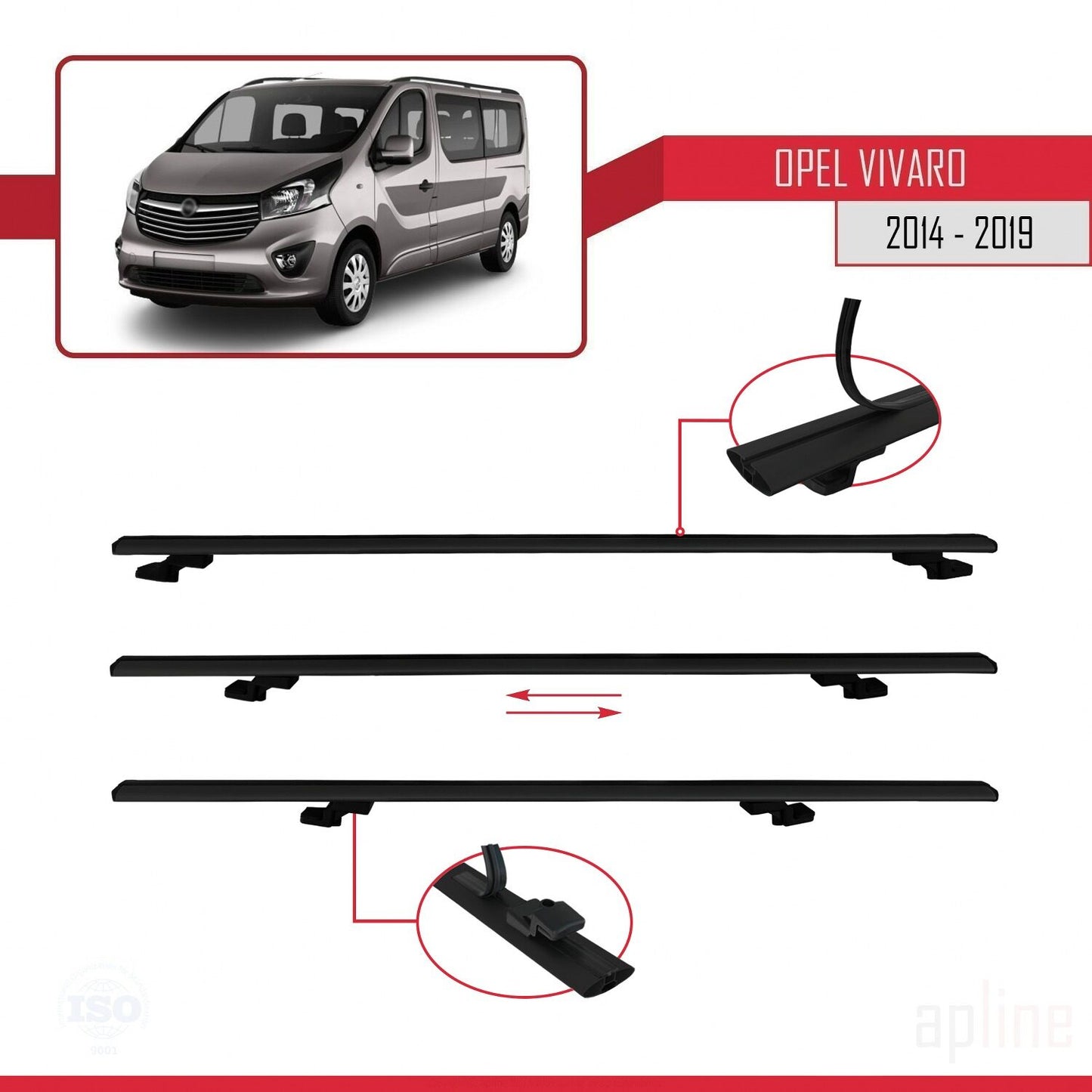 Compatible avec Opel Vivaro B 2014-2019 BASIC Model Barres de Toit Railing Porte-Bagages de Voiture Noir Aluminium 3 Barres