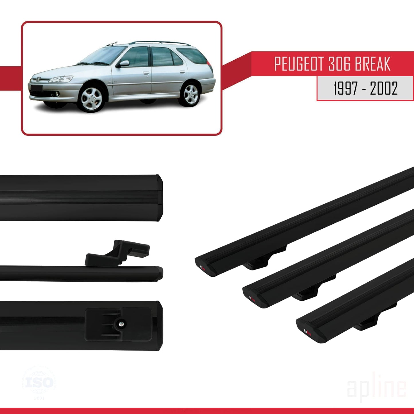 Compatible avec Peugeot 306 Break 1997-2002 BASIC Model Barres de Toit Railing Porte-Bagages de Voiture Noir Aluminium 3 Barres