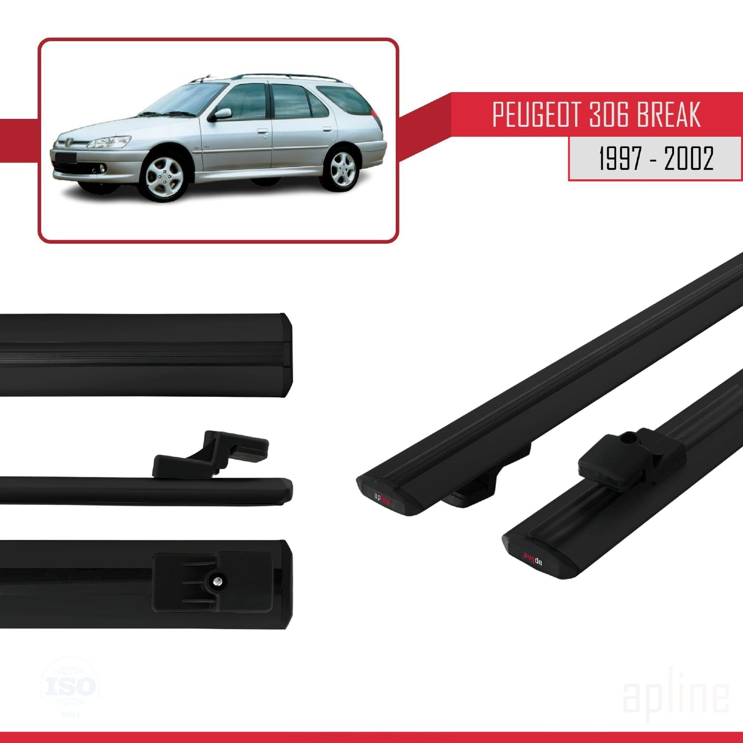 Compatible avec Peugeot 306 Break 1997-2002 BASIC Model Barres de Toit Railing Porte-Bagages de Voiture Noir Aluminium 2 Barres