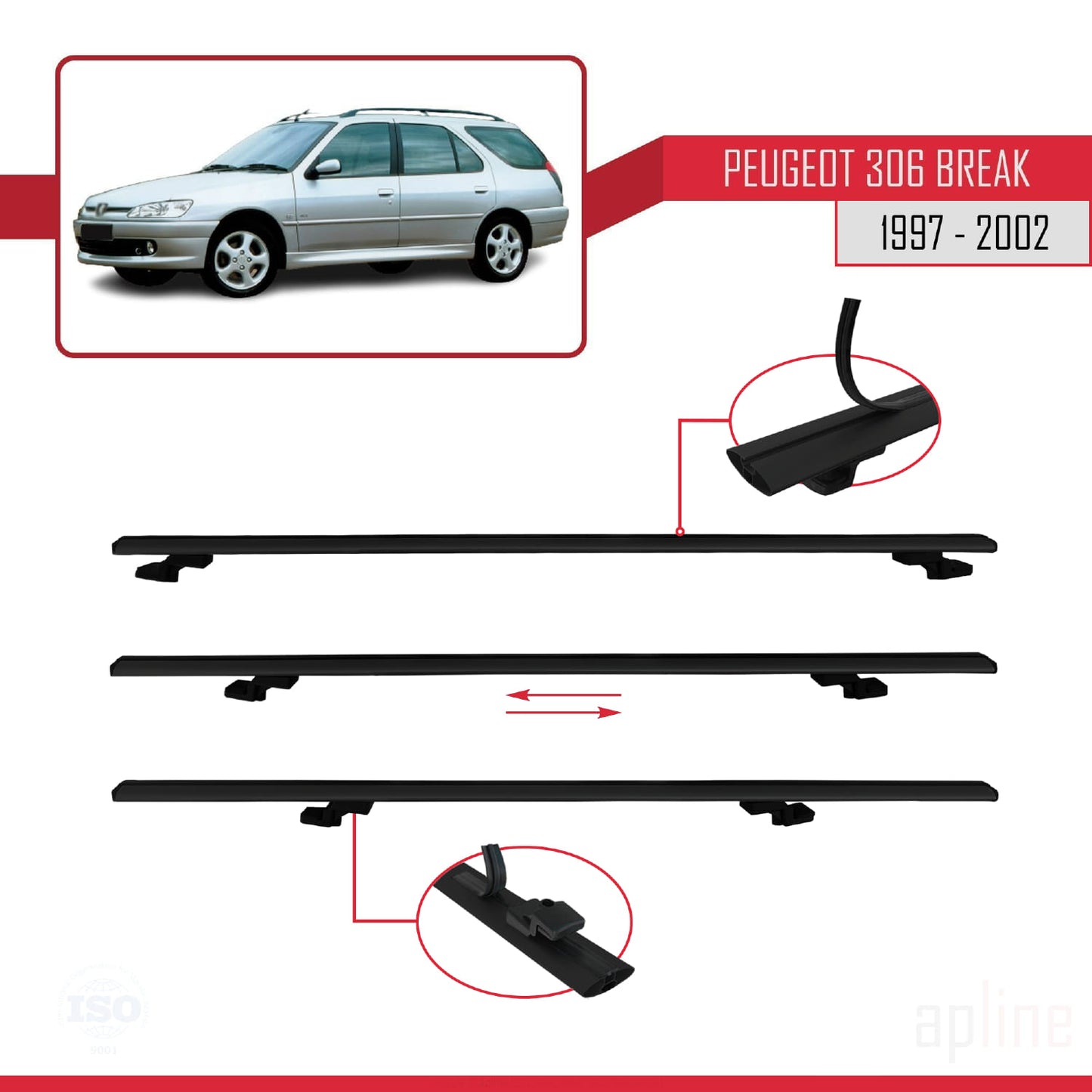 Compatible avec Peugeot 306 Break 1997-2002 BASIC Model Barres de Toit Railing Porte-Bagages de Voiture Noir Aluminium 2 Barres