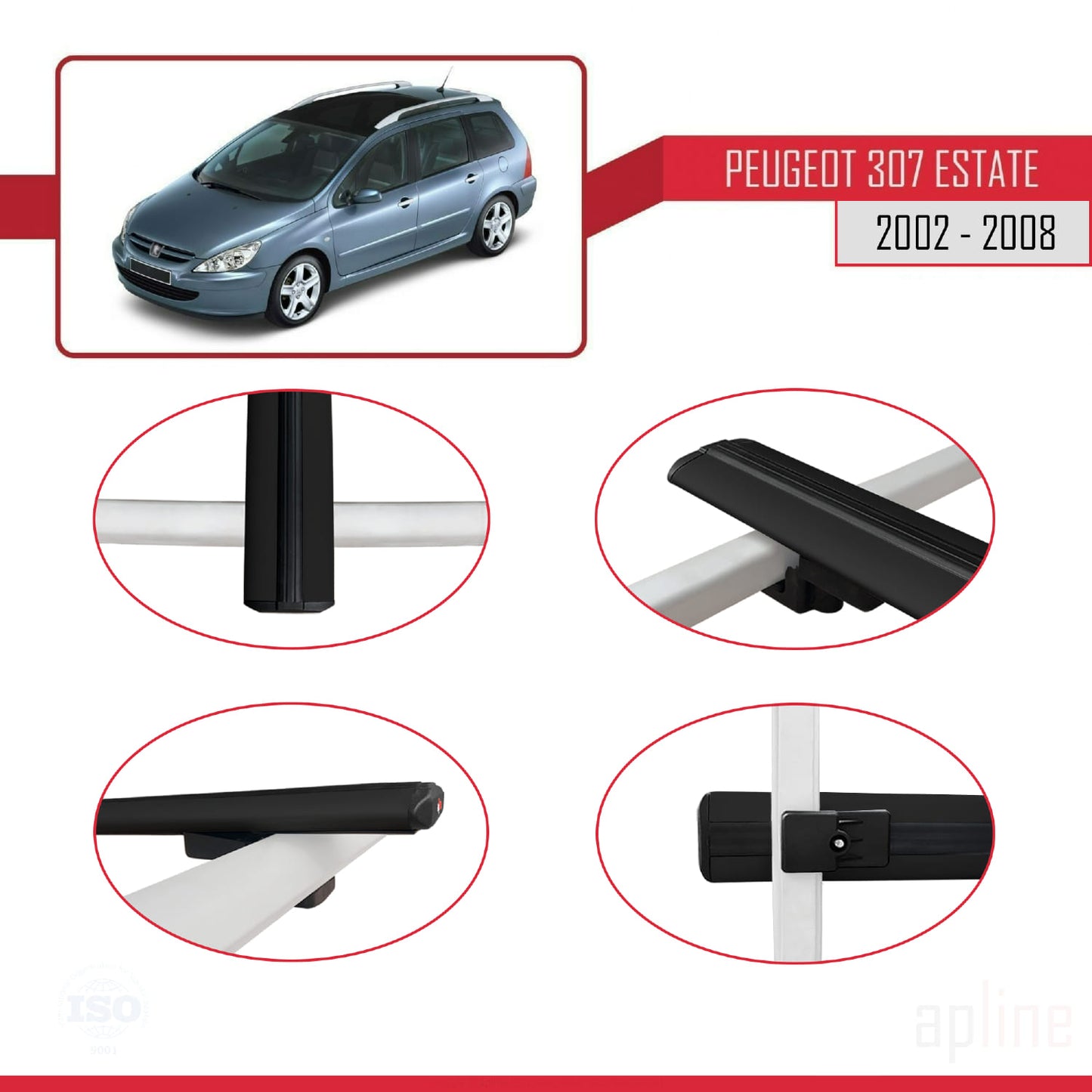 Compatible avec Peugeot 307 Break 2002-2008 BASIC Model Barres de Toit Railing Porte-Bagages de Voiture Noir Aluminium 2 Barres