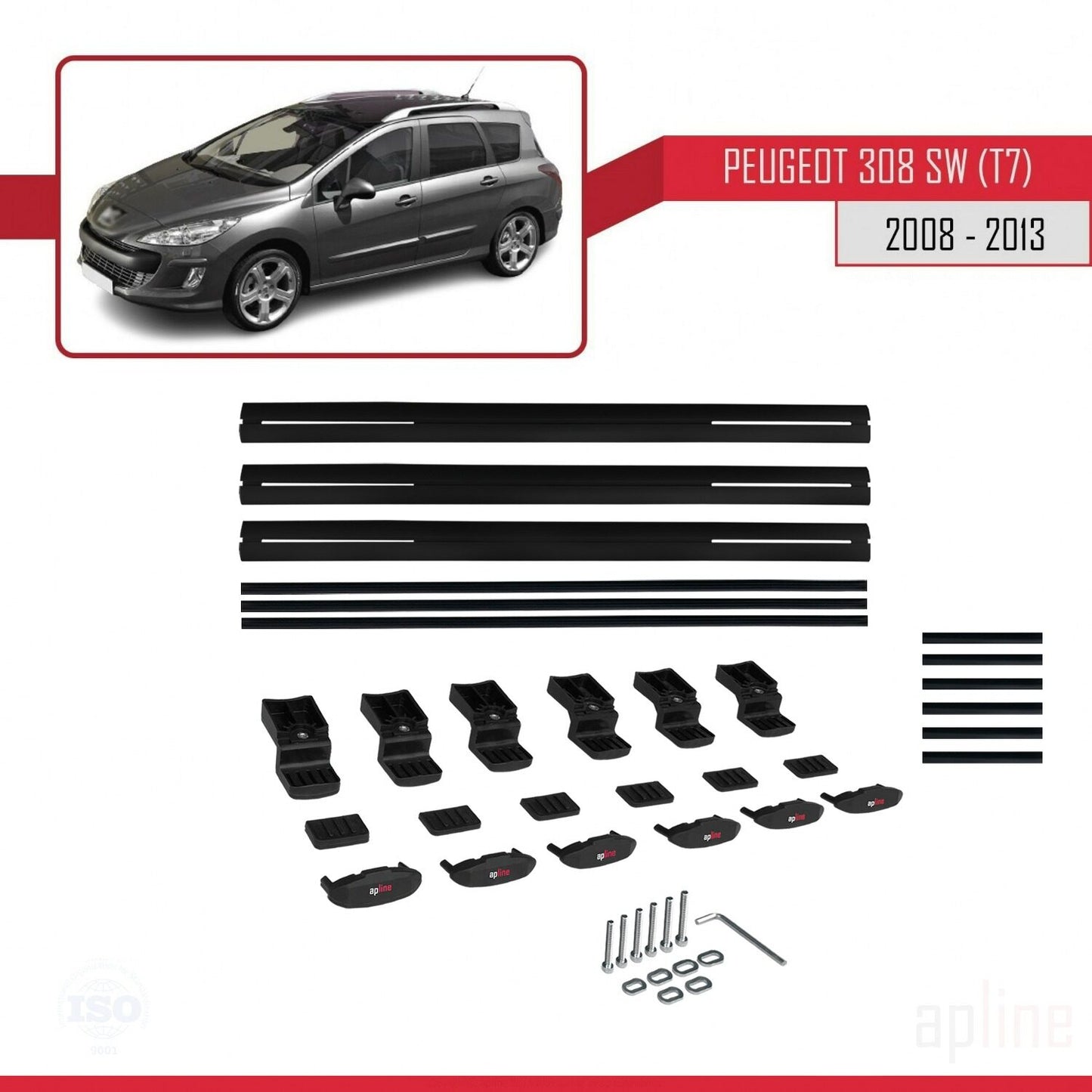 Compatible avec Peugeot 308 (T7) Break 2008-2013 BASIC Model Barres de Toit Railing Porte-Bagages de Voiture Noir Aluminium 3 Barres