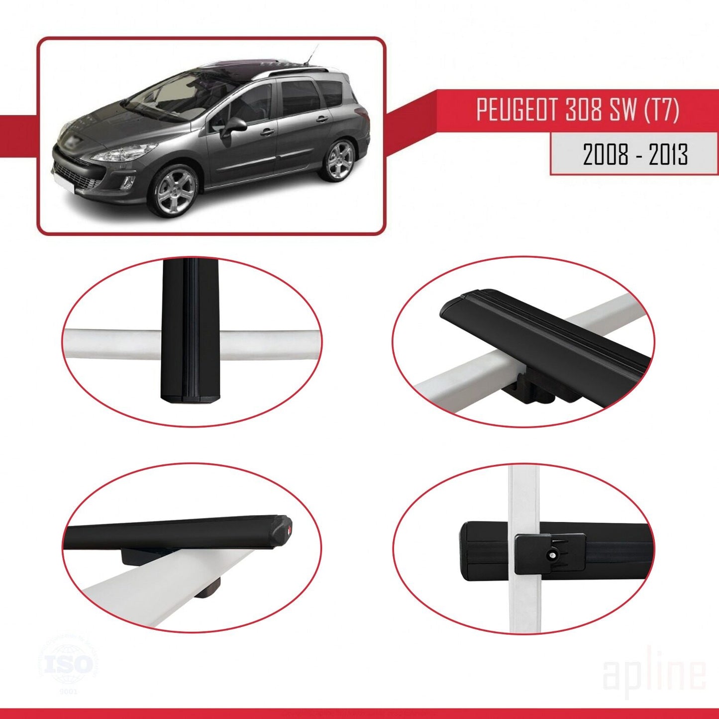 Compatible avec Peugeot 308 (T7) Break 2008-2013 BASIC Model Barres de Toit Railing Porte-Bagages de Voiture Noir Aluminium 3 Barres
