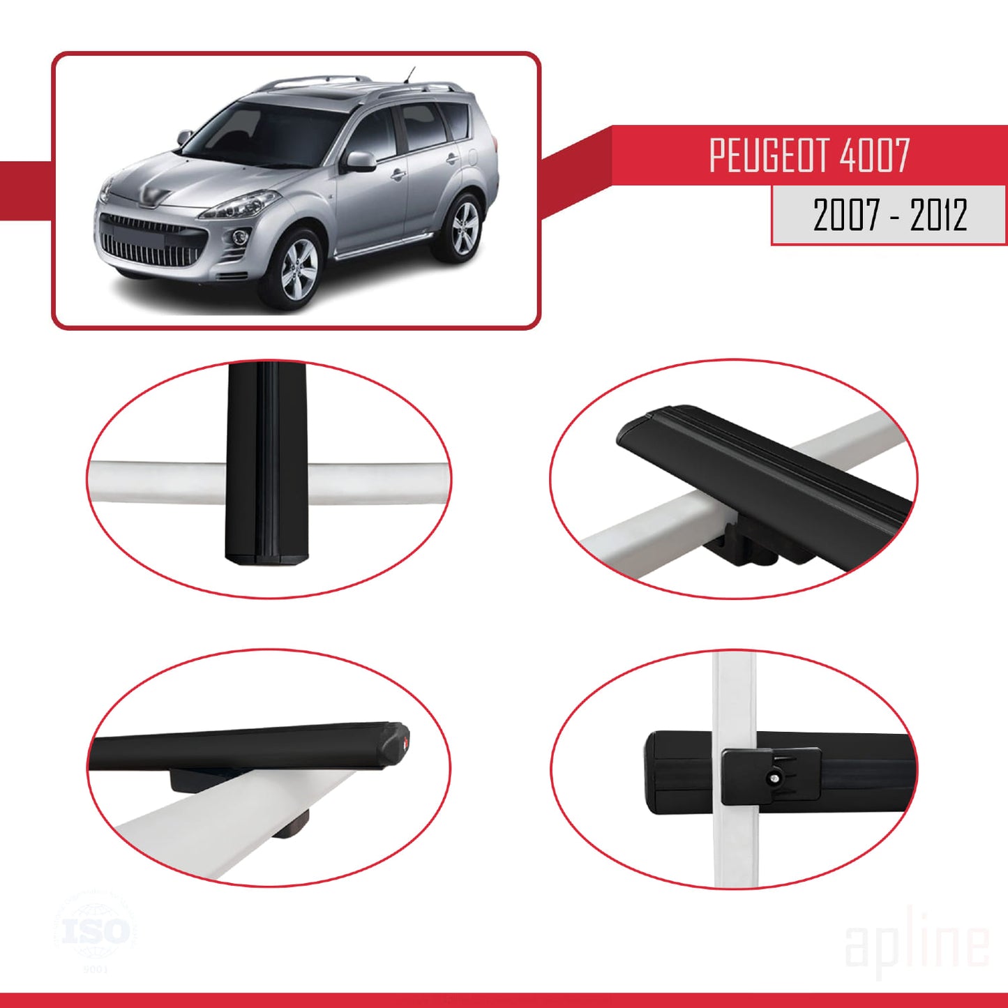 Compatible avec Peugeot 4007 2007-2012 BASIC Model Barres de Toit Railing Porte-Bagages de Voiture Noir Aluminium 2 Barres