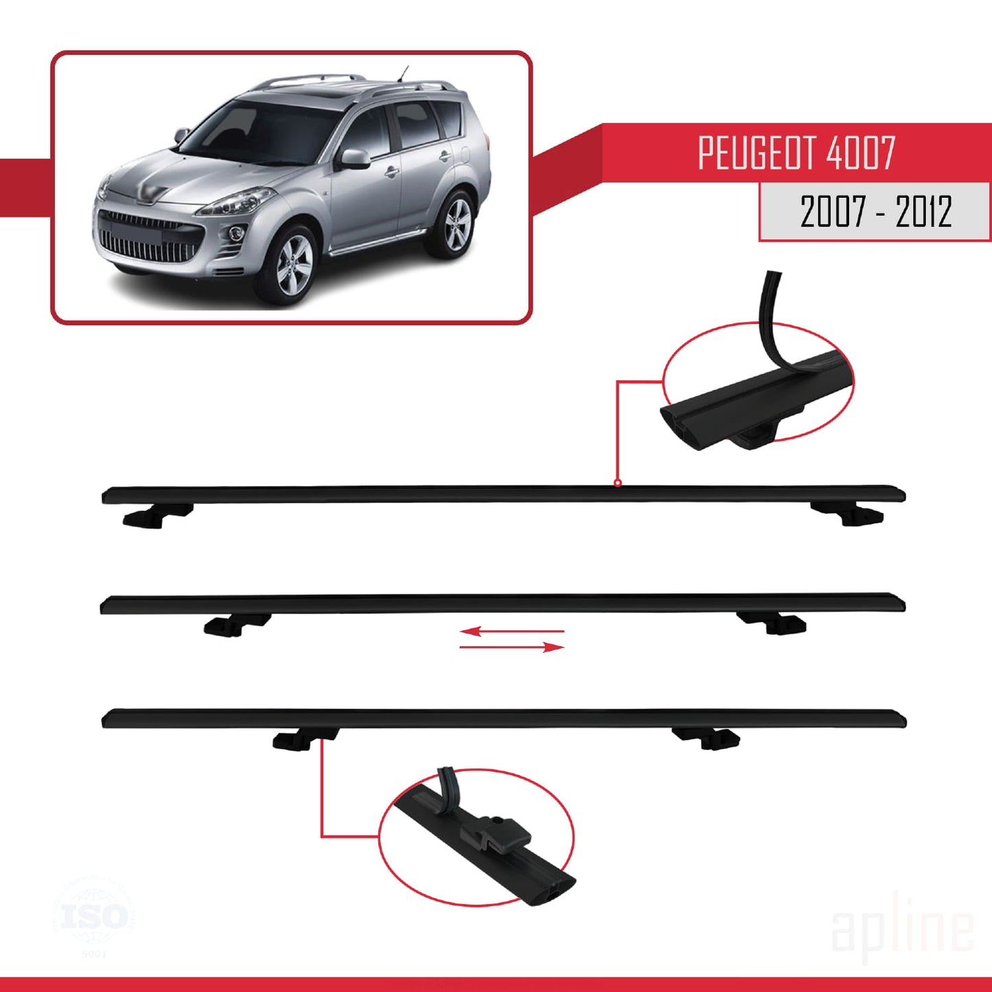 Compatible avec Peugeot 4007 2007-2012 BASIC Model Barres de Toit Railing Porte-Bagages de Voiture Noir Aluminium 2 Barres