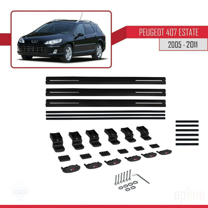 Compatible avec Peugeot 407 Break 2005-2011 BASIC Model Barres de Toit Railing Porte-Bagages de Voiture Noir Aluminium 3 Barres