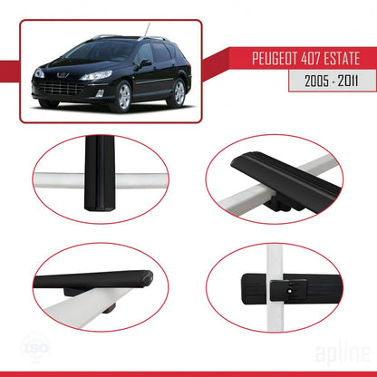 Compatible avec Peugeot 407 Break 2005-2011 BASIC Model Barres de Toit Railing Porte-Bagages de Voiture Noir Aluminium 2 Barres