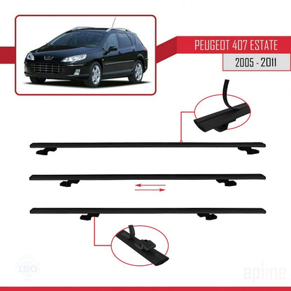 Compatible avec Peugeot 407 Break 2005-2011 BASIC Model Barres de Toit Railing Porte-Bagages de Voiture Noir Aluminium 2 Barres