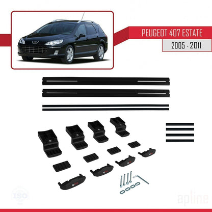Compatible avec Peugeot 407 Break 2005-2011 BASIC Model Barres de Toit Railing Porte-Bagages de Voiture Noir Aluminium 2 Barres