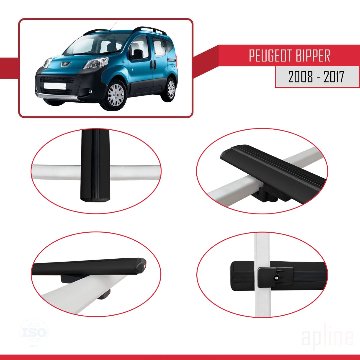 Compatible avec Peugeot Bipper 2008-2017 BASIC Model Barres de Toit Railing Porte-Bagages de Voiture Noir Aluminium 2 Barres