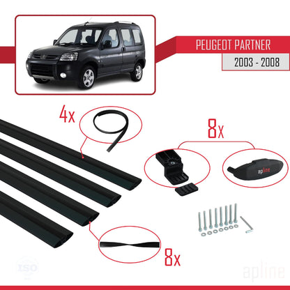 Compatible with Peugeot Partner Post-Facelift 2003-2008 BASIC Model Car Roof Rack Cross Bar Black Aluminium 4 Bars