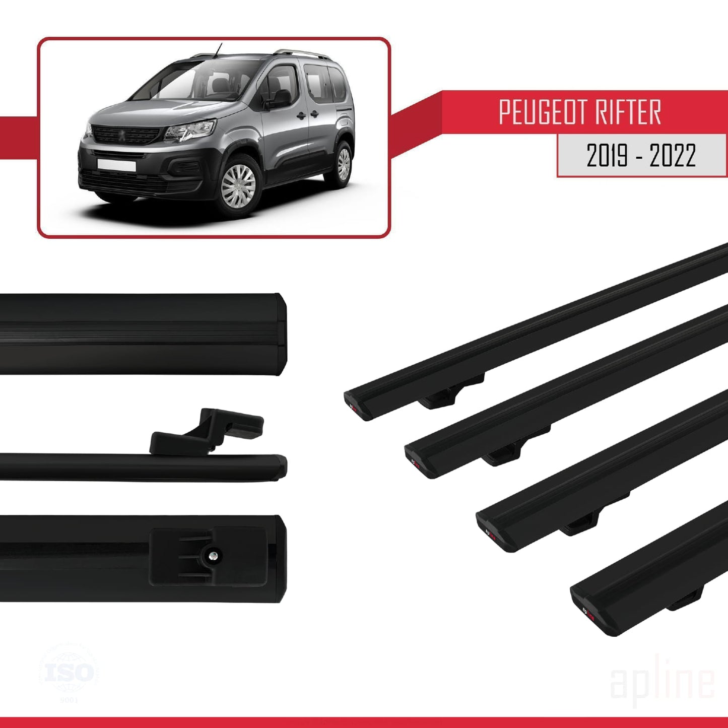 Compatible avec Peugeot Rifter 2019-2022 BASIC Model Barres de Toit Railing Porte-Bagages de Voiture Noir Aluminium 4 Barres