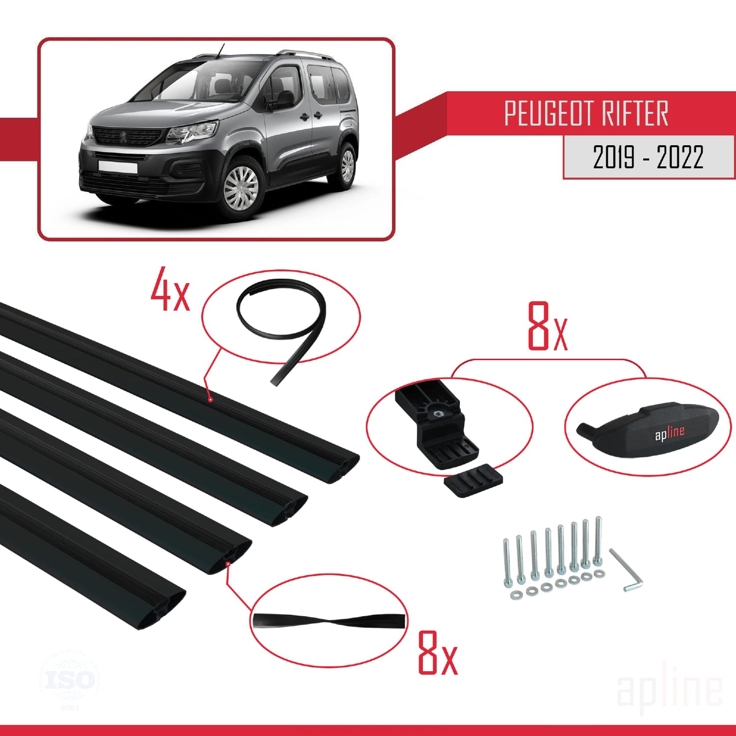 Compatible avec Peugeot Rifter 2019-2022 BASIC Model Barres de Toit Railing Porte-Bagages de Voiture Noir Aluminium 4 Barres
